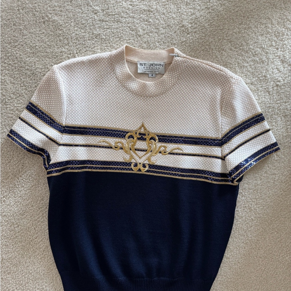 St. John White and Blue Crew Neck Top with Nautical Flair